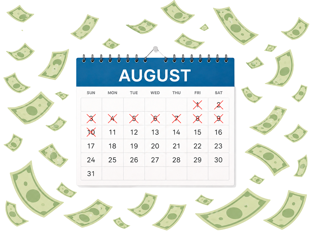 A calendar for August with money falling, representing money spent on marketing services.